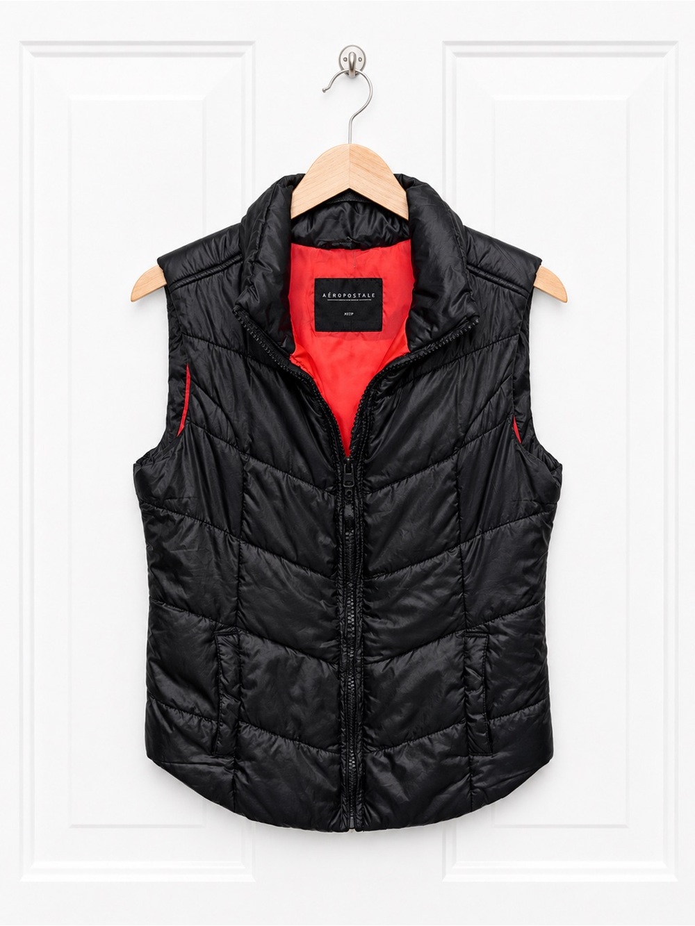 Aeropostale Womens XS Black Quilted Puffer Vest Contrast Orange Lining Zip Front